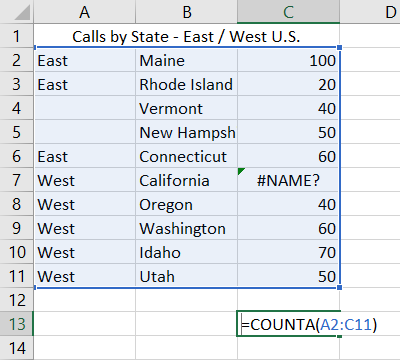 COUNTA formula in Excel