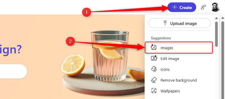 Домашняя страница Microsoft Designer — выбран пункт Images в меню Create.
