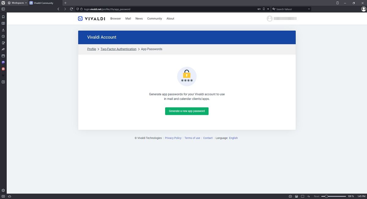 Генерация пароля приложения для Vivaldi