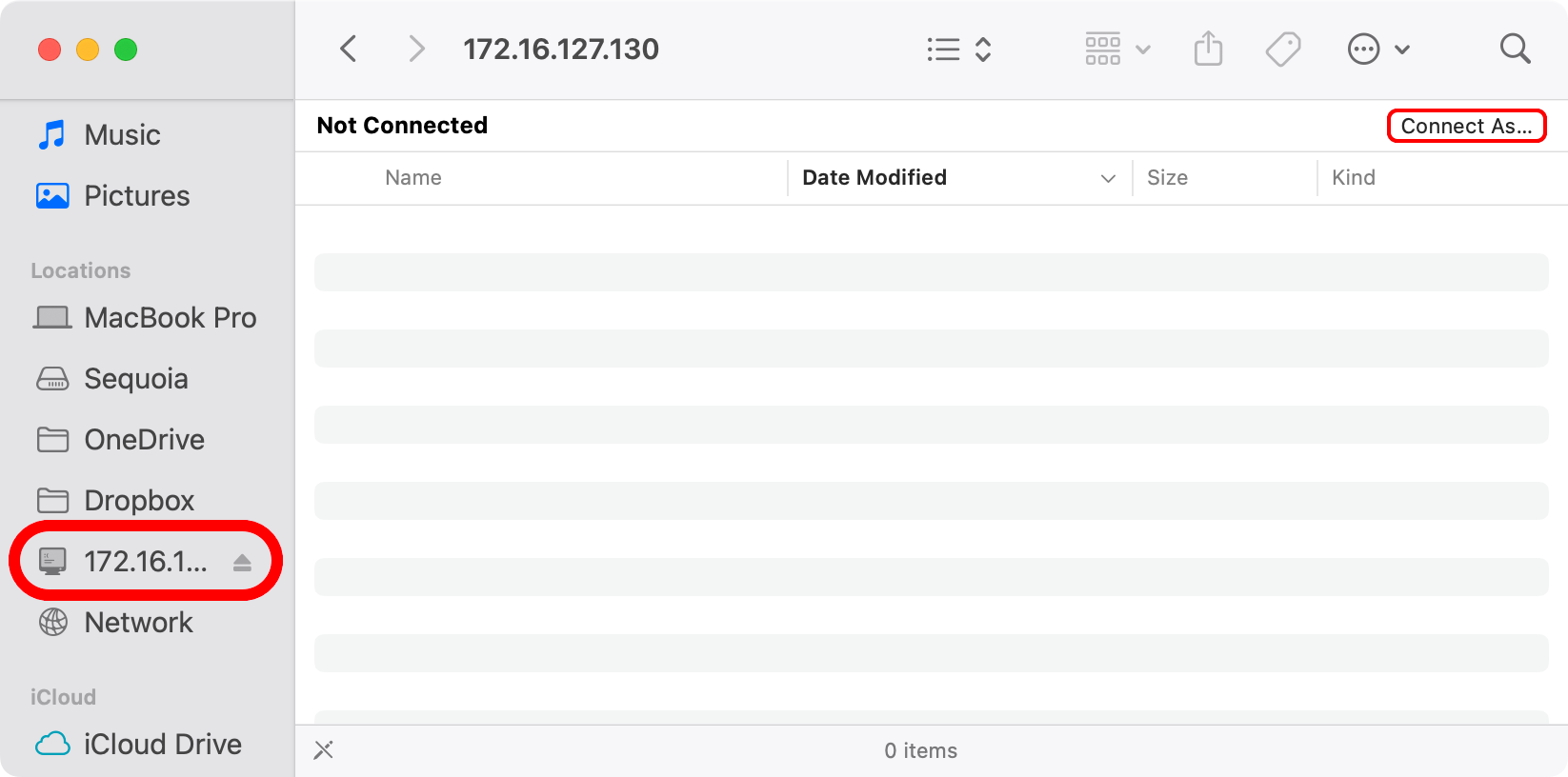 macOS Finder с аннотированной сетевой шары и кнопкой Подключиться как.