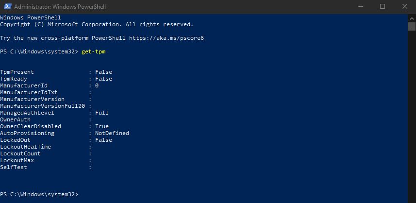 Результат команды get-tpm в Windows PowerShell