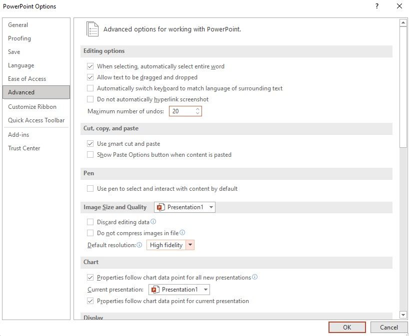 Параметр 'Maximum number of undos' в PowerPoint — окно параметров