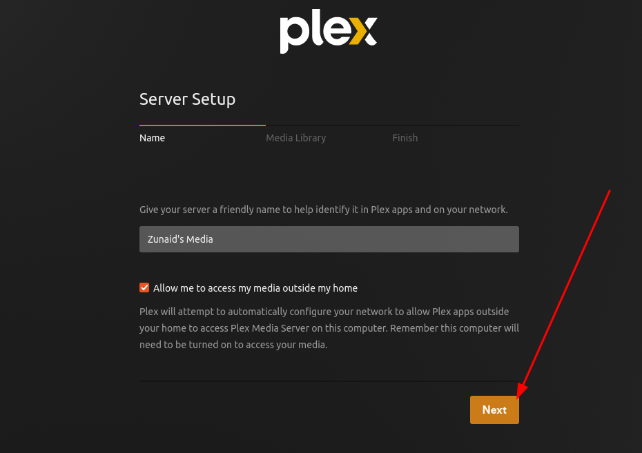 A tab on the Plex web configuration page displaying the name of your Plex media server
