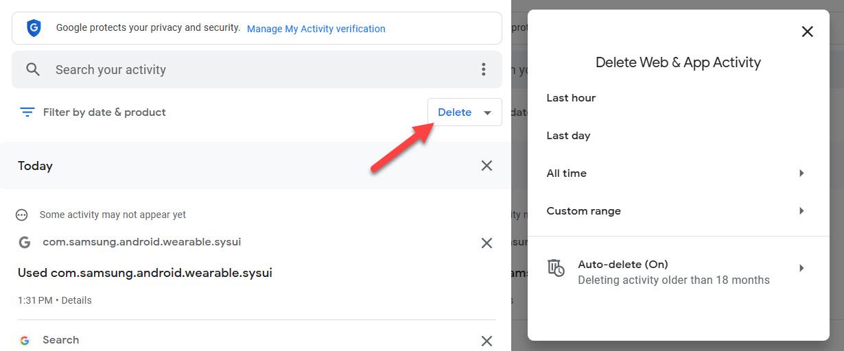Нажмите «Удалить» и выберите период.