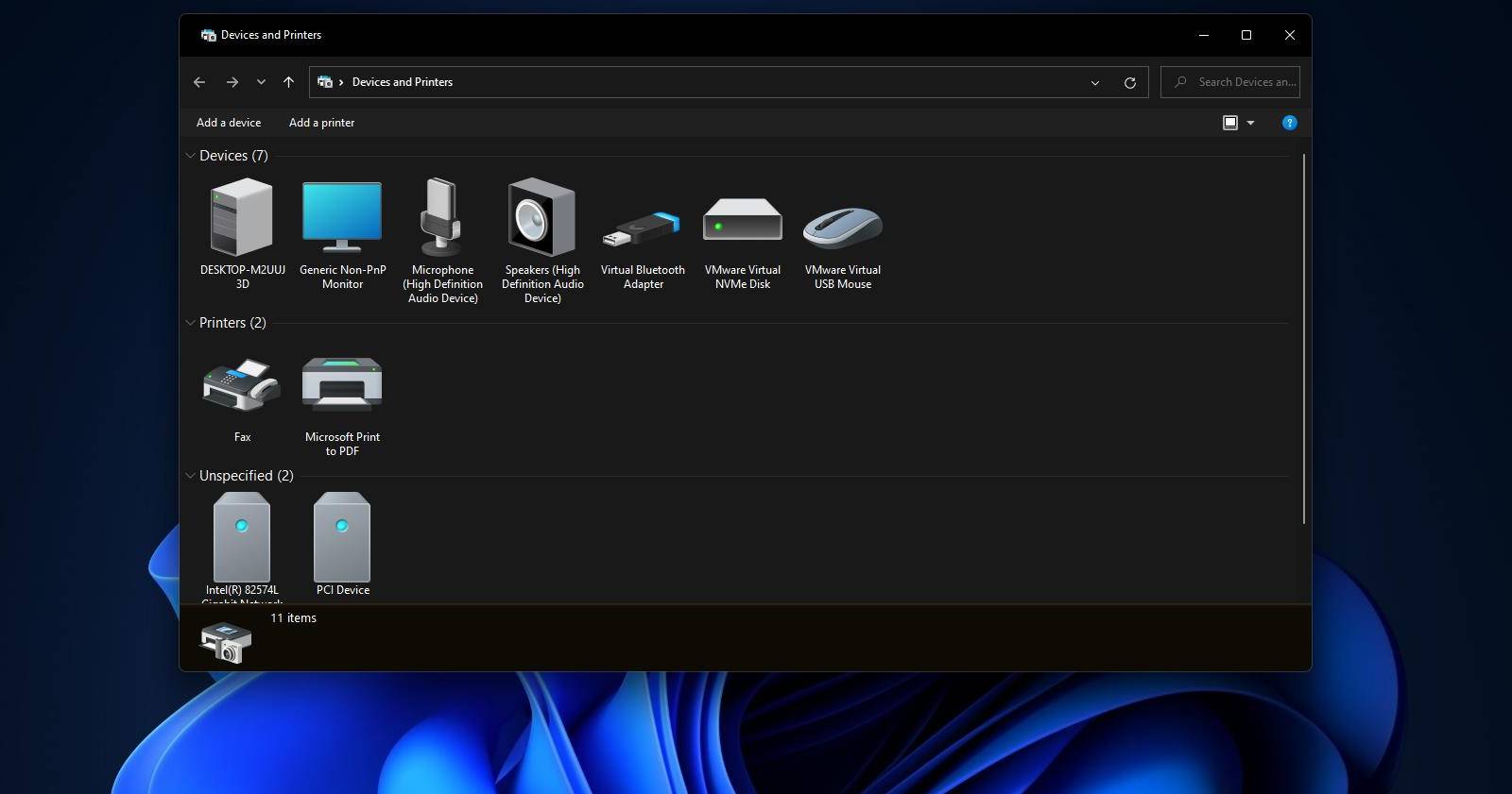 Applet Dispositivi e stampanti, schermata del Pannello di controllo