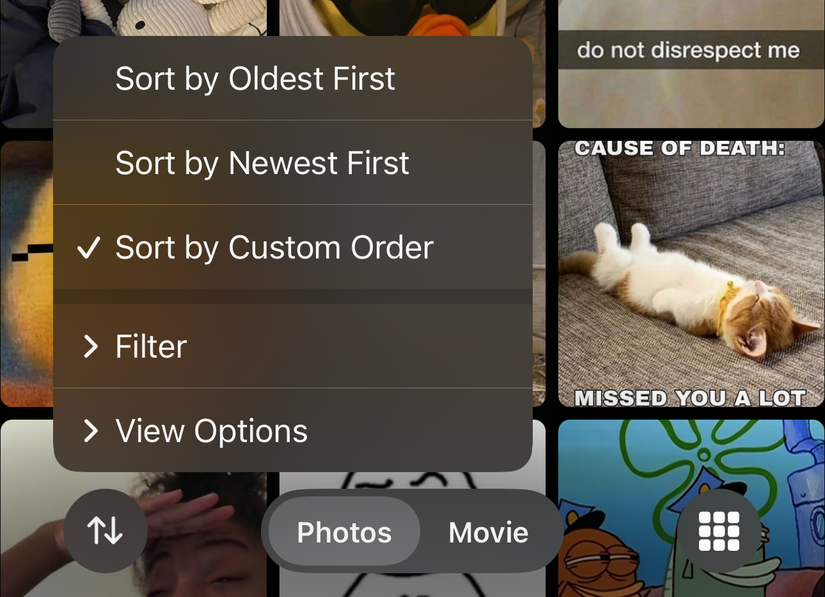 Опции сортировки и фильтрации в альбоме