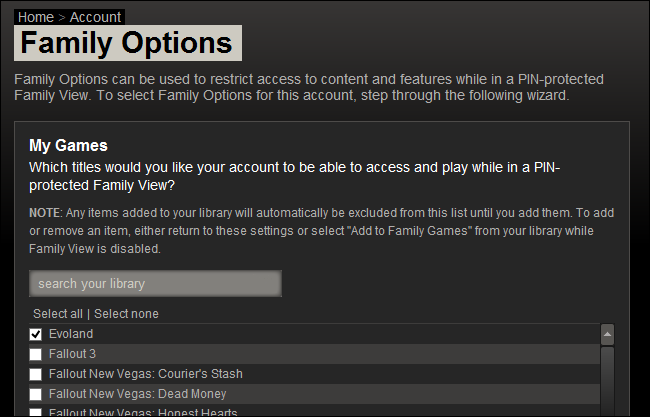 Выбор игр для семейного доступа