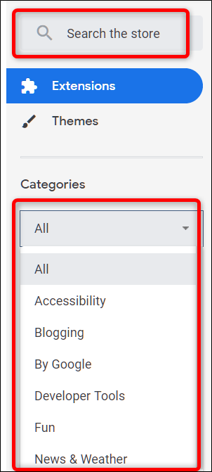 Поиск расширений в Chrome Web Store: строка поиска и категории