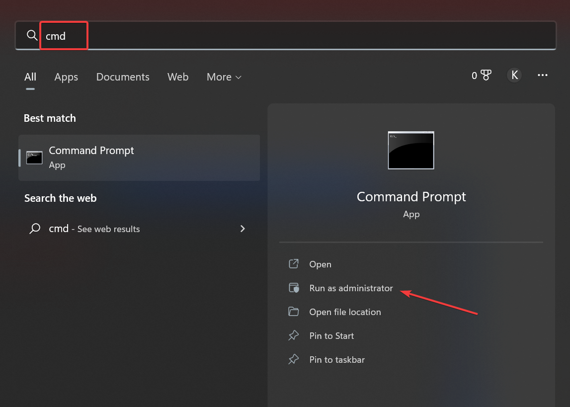 Окно командной строки для устранения ошибки WHEA в Windows 11