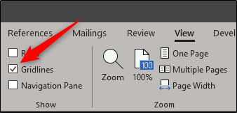 Включение отображения сетки на вкладке Вид