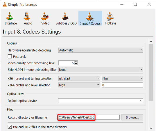 Путь по умолчанию к папке записи VLC.