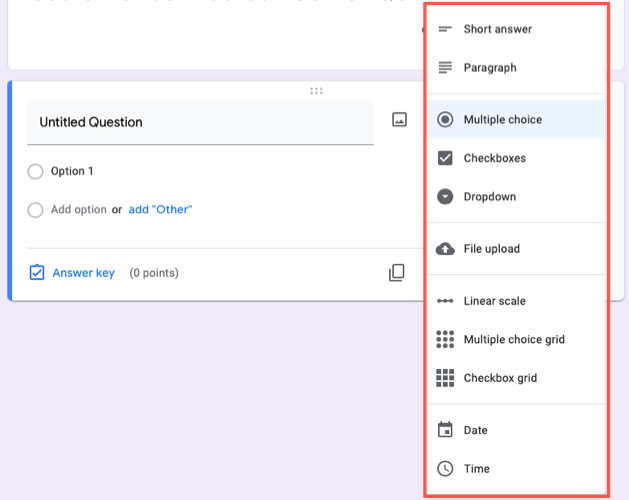 Выбор типа вопроса из списка в форме