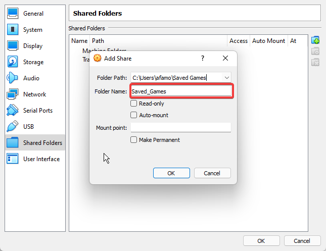 Поле имени общей папки в настройках VirtualBox