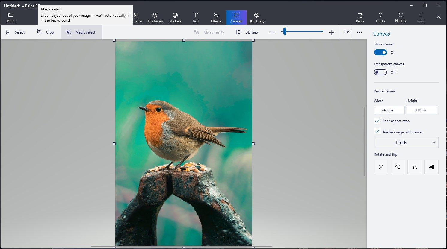 Окно Paint 3D с выделенной опцией Magic select