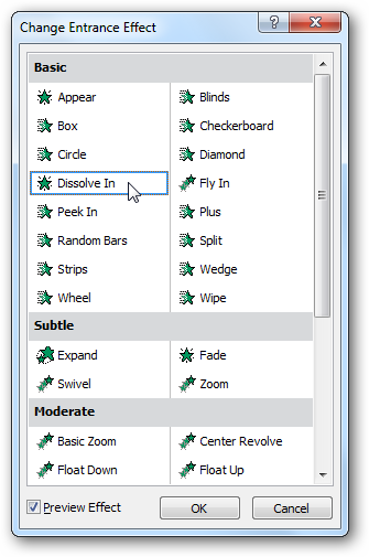 Окно Change Effect с опцией Preview Effect