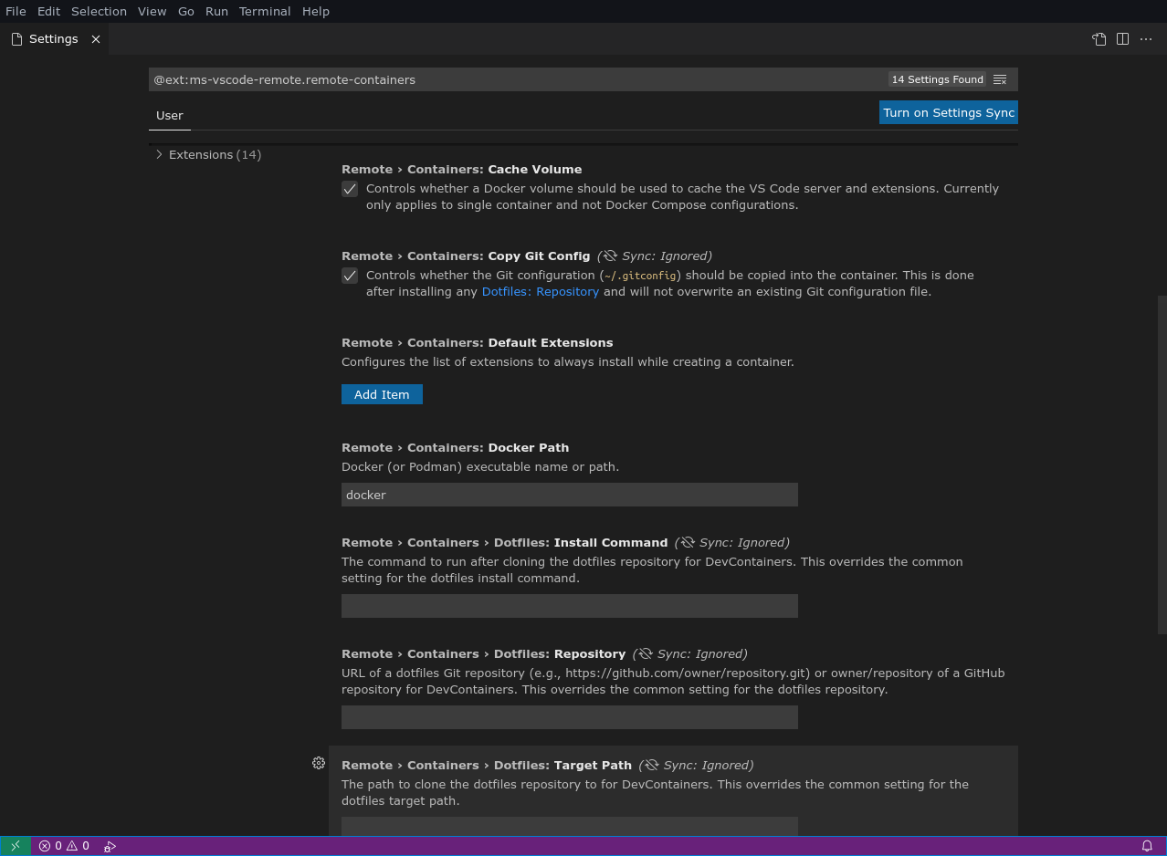 Скриншот настроек расширения Remote - Containers