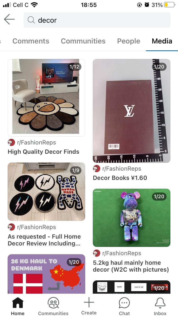 медиа-результаты поиска декора в приложении Reddit