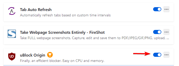 Скриншот списка дополнений Firefox с тумблером отключения блокировщика
