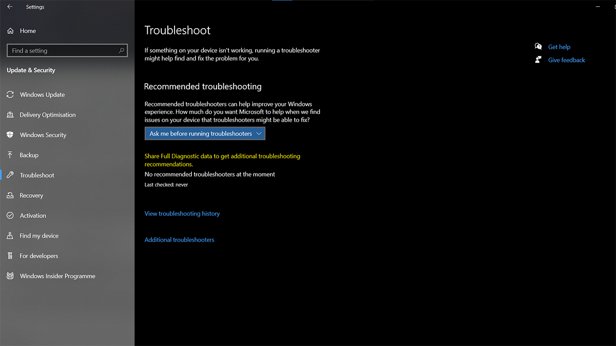 Функция устранения неполадок Windows 10