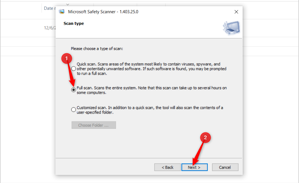 Опции сканирования в Microsoft Safety Scanner