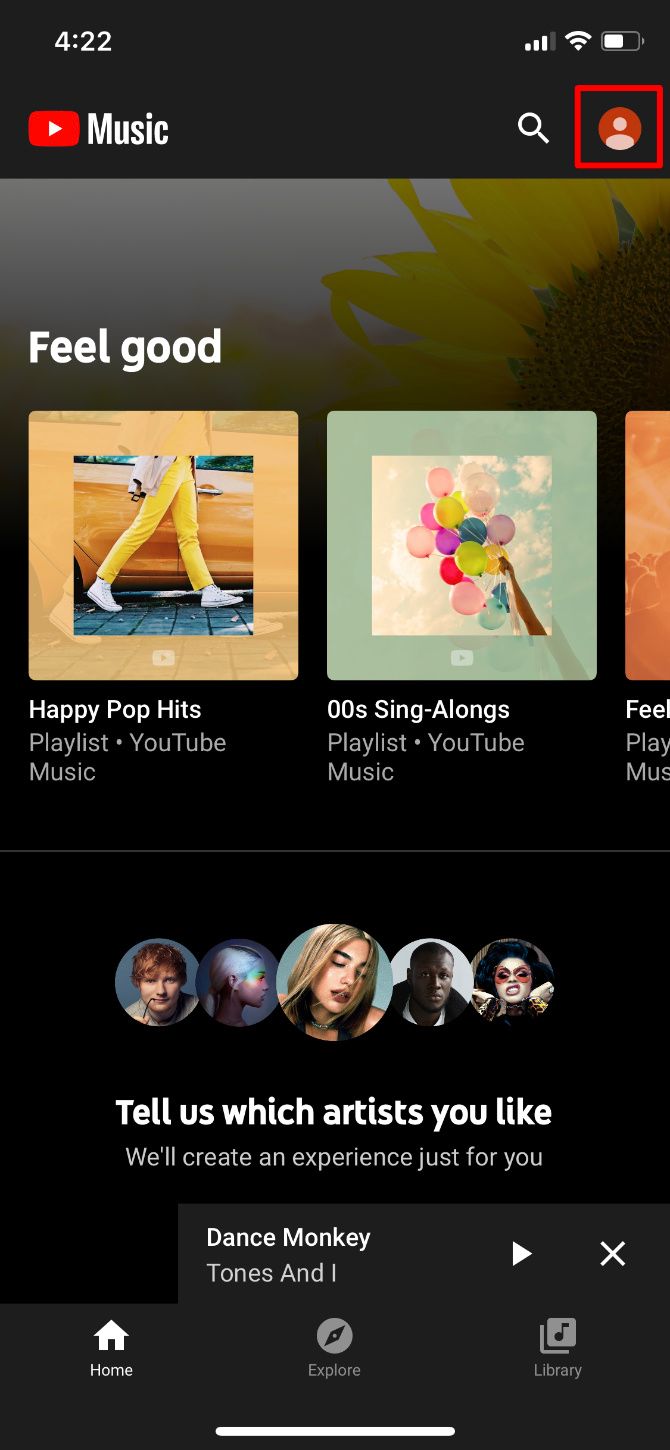 Главный экран YouTube Music