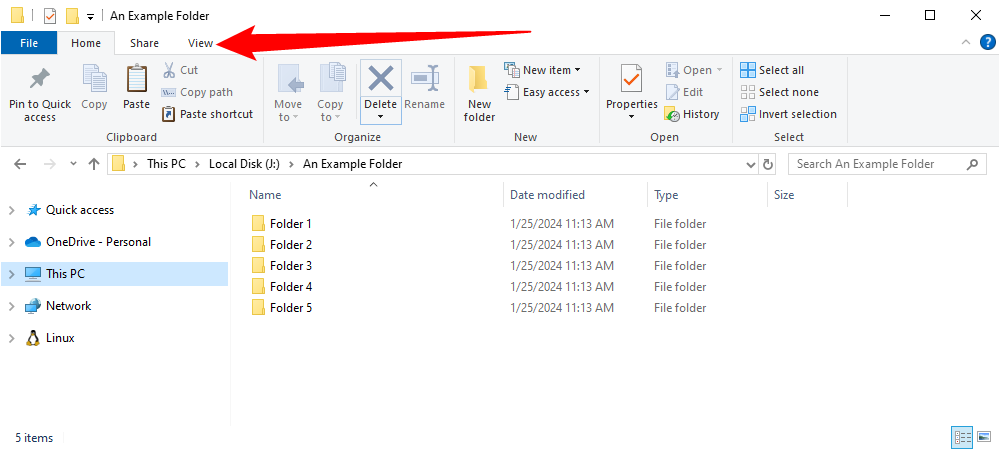 Нажмите кнопку «Вид» в верхней части окна.