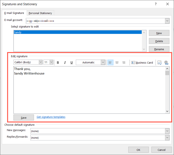 Поле для ввода подписи в Outlook