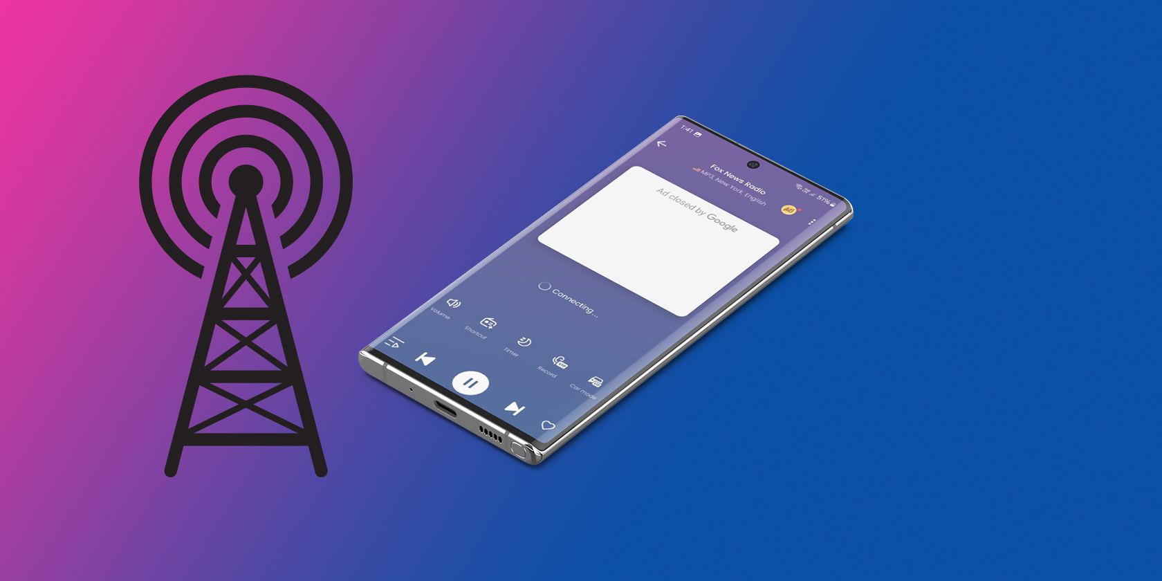 FM transmitter app running on a Samsung phone next to an illustration of a transmitter line