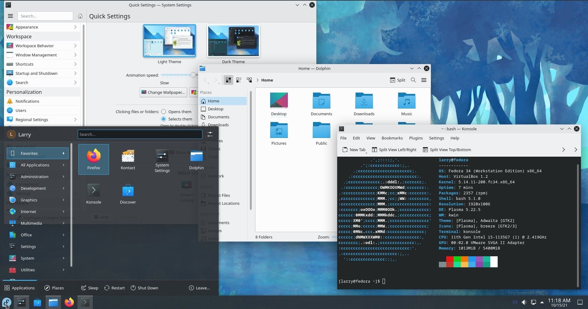 Меню рабочего стола KDE в Fedora