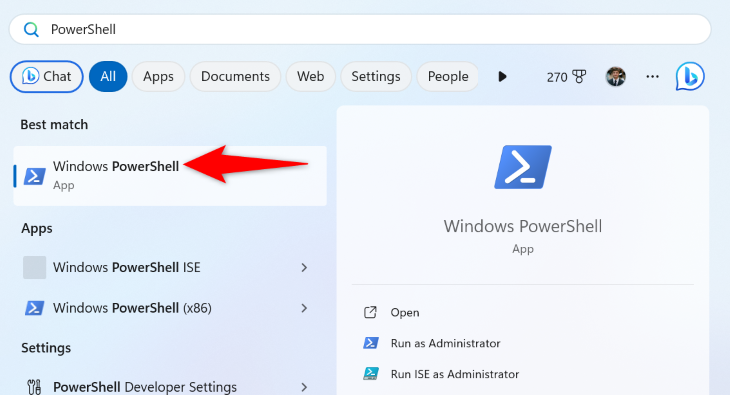 Меню «Пуск» Windows 11 с выделенным PowerShell