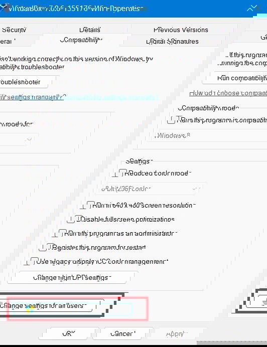 Изменение параметров для всех пользователей во вкладке Совместимость.