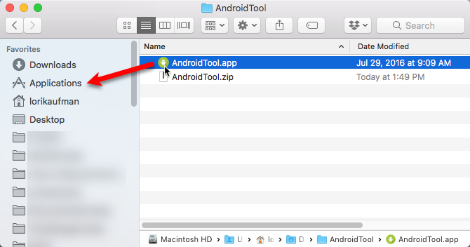 Инсталляция AndroidTool на Mac — окно Finder с перетаскиванием приложения в Applications