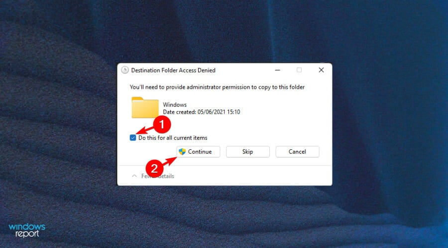 Окно подтверждения доступа: выполнить действие для всех элементов