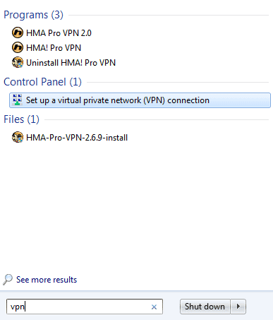 Поиск 'VPN' в меню Пуск Windows 7
