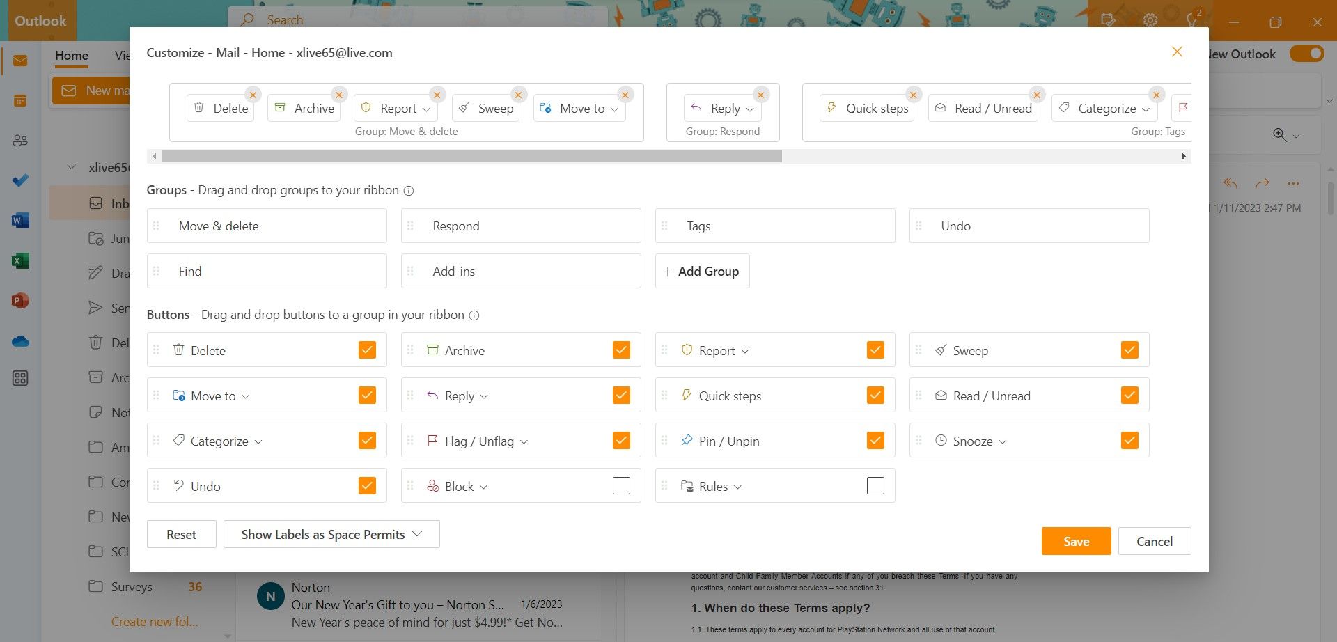 настройка ленты outlook
