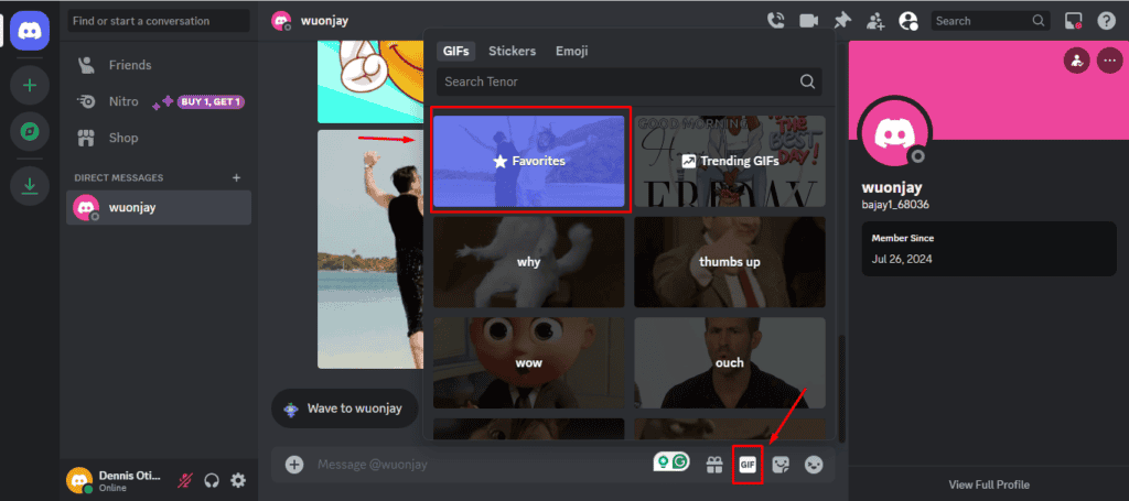 Раздел «Избранное» в меню GIF в Discord