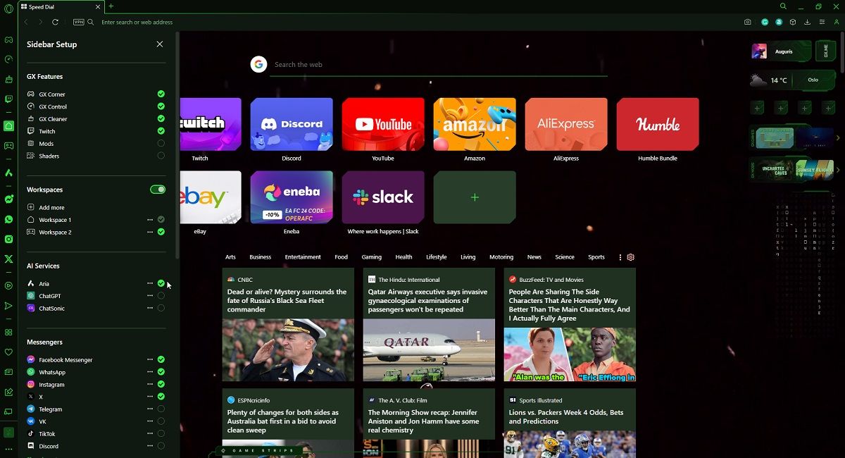 Активировать Aria в боковой панели Opera GX