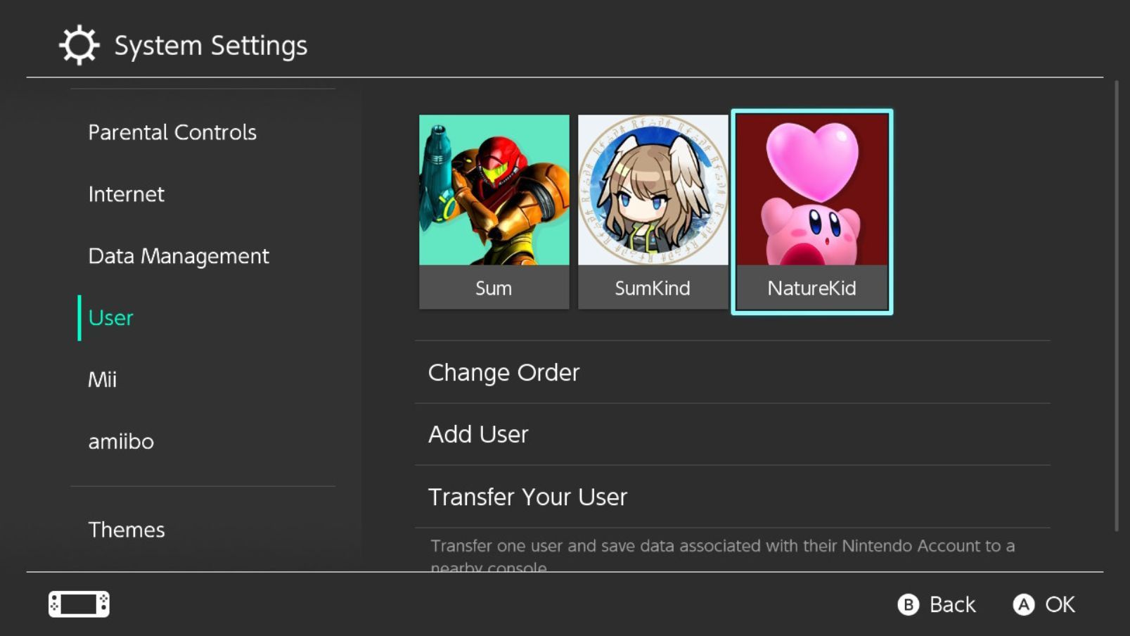 Меню настроек пользователя Nintendo Switch