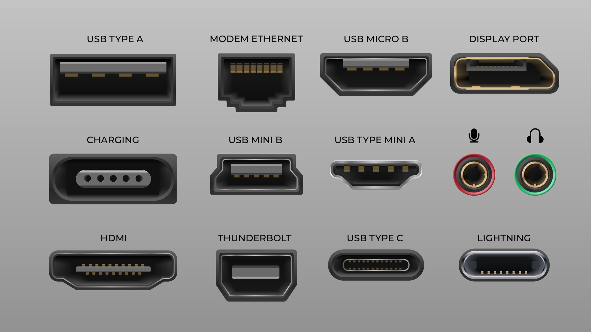 Панель разъёмов: USB-A, USB-C, видеовыходы (HDMI/DVI/DisplayPort), аудиовыход, сетевые разъёмы.