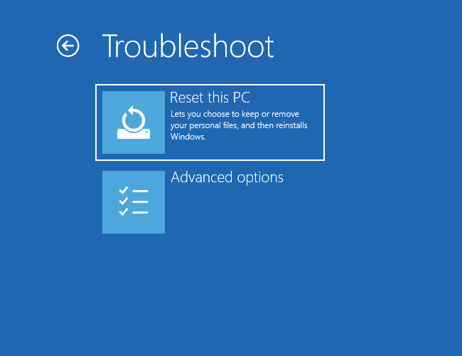 The Troubleshoot menu on Windows 10. Click
