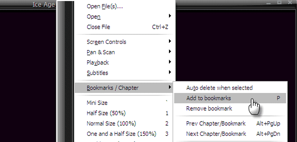 Добавление закладки в KMPlayer через контекстное меню