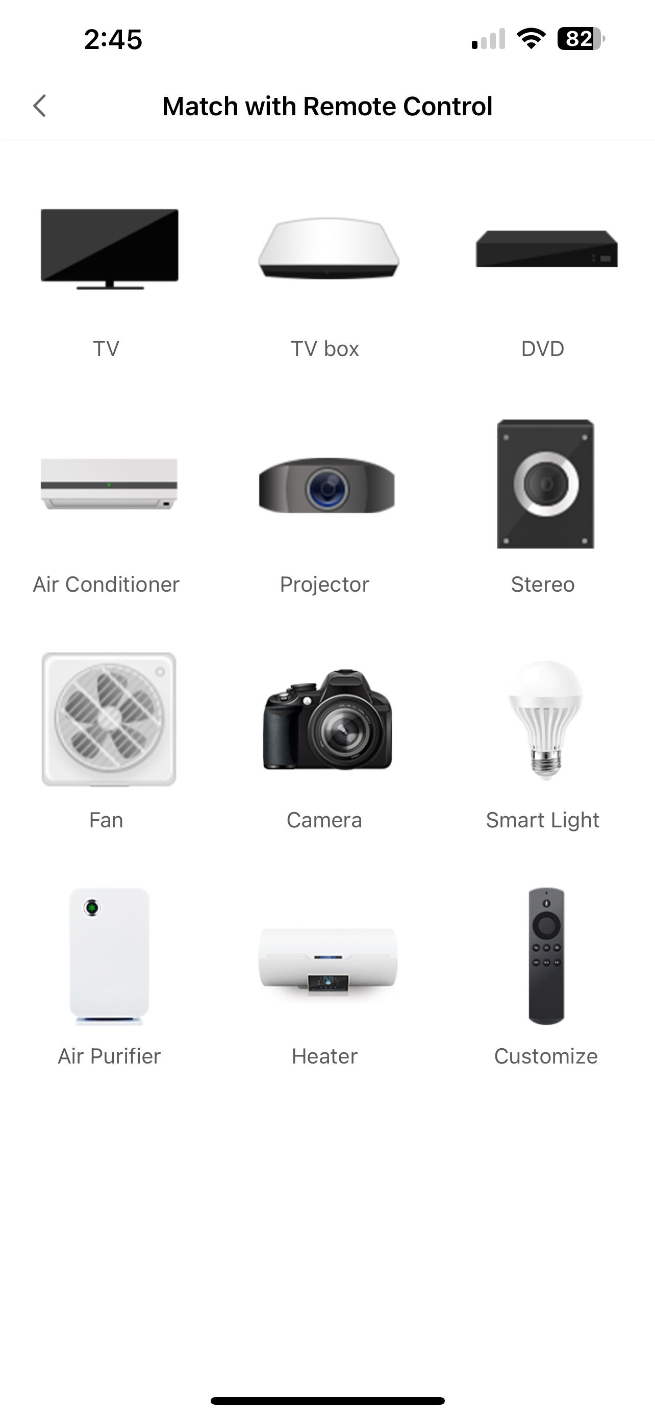 Экран типов ИК‑устройств в приложении Aqara Home