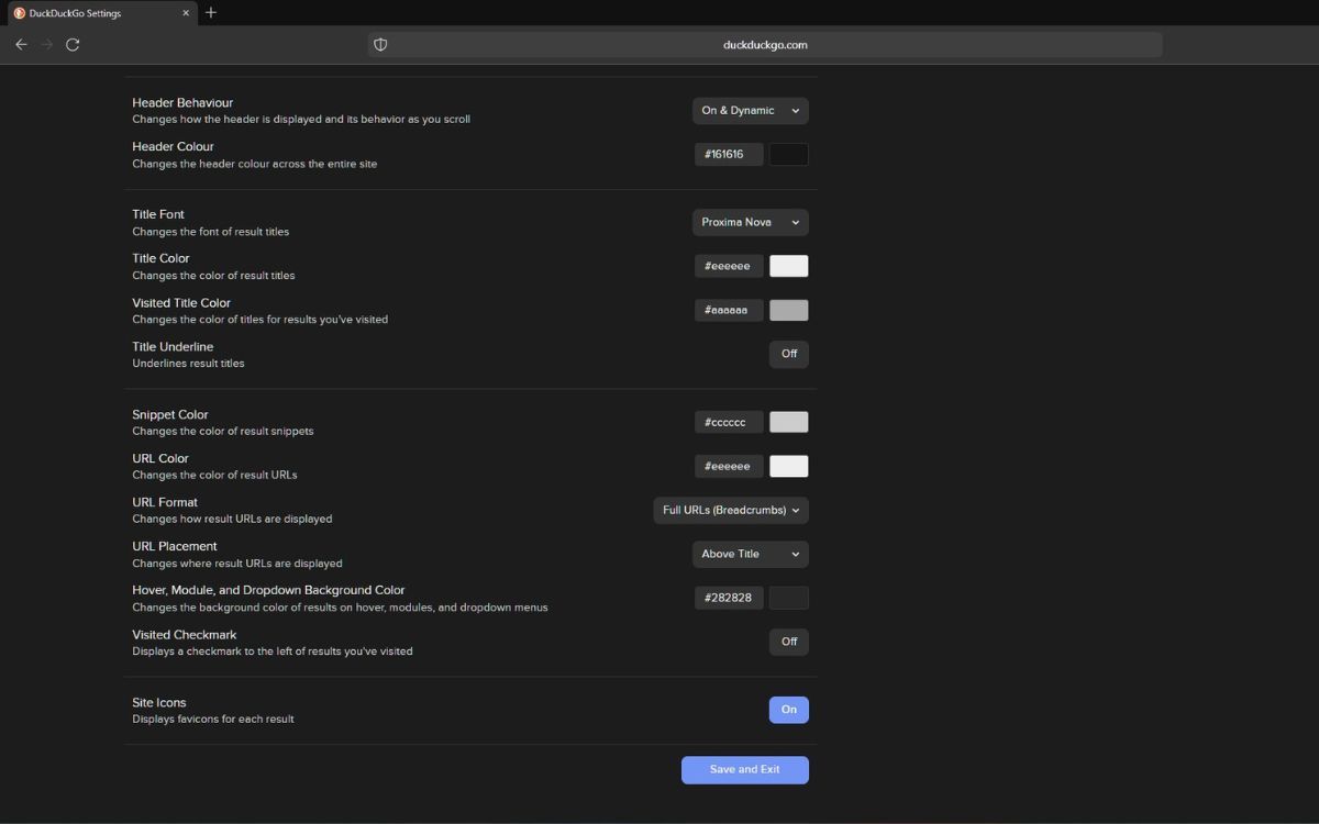 Вторая половина страницы Appearance с настройками цвета и фона