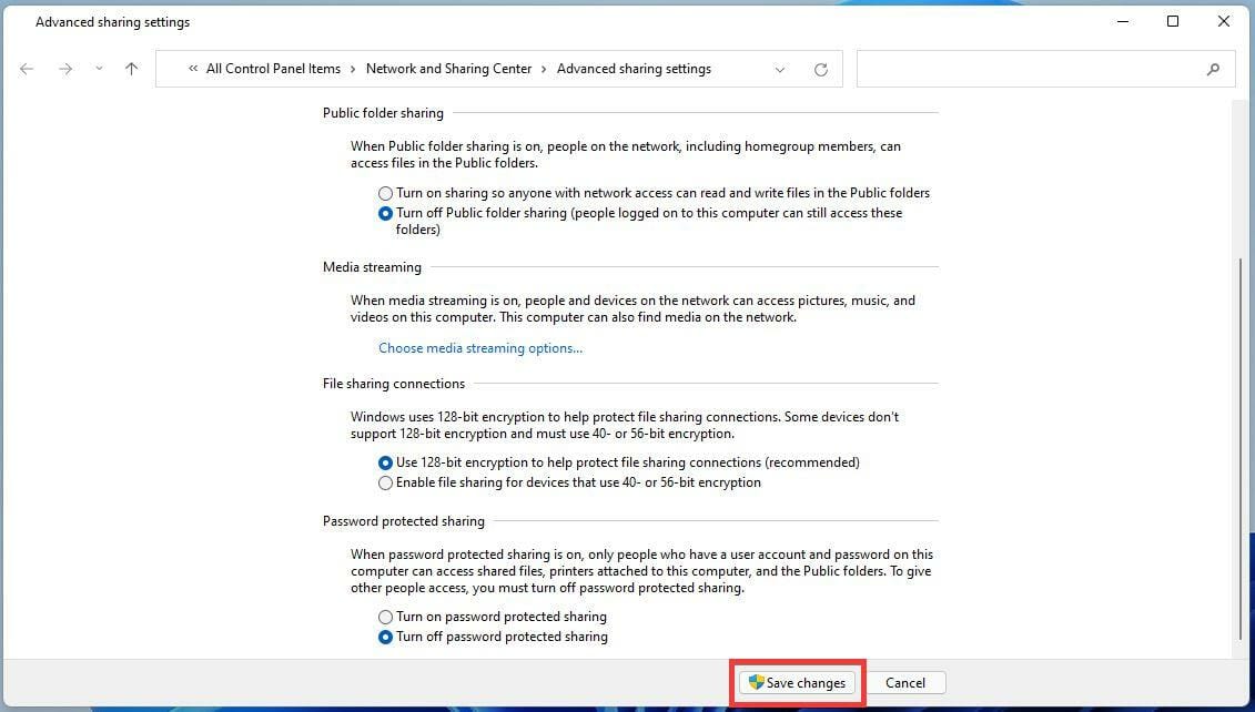 Кнопка Save Changes для сохранения настроек общего доступа