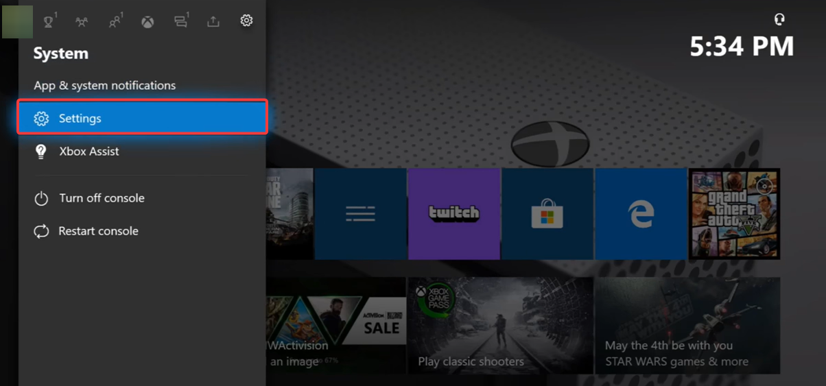 Раздел «Настройки» в меню Xbox