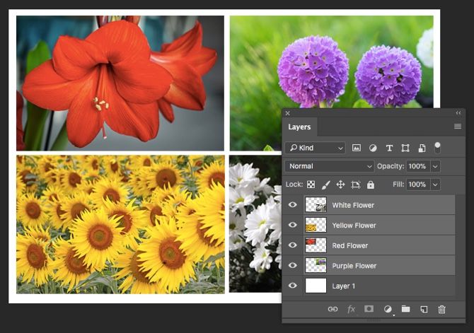 Выделенные четыре слоя в панели Layers Photoshop CC 2018