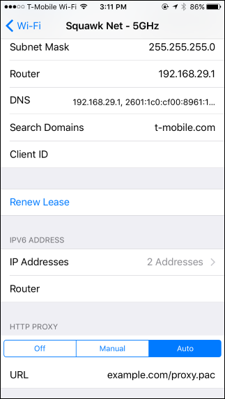 Экран ручной настройки прокси с полями Server и Port