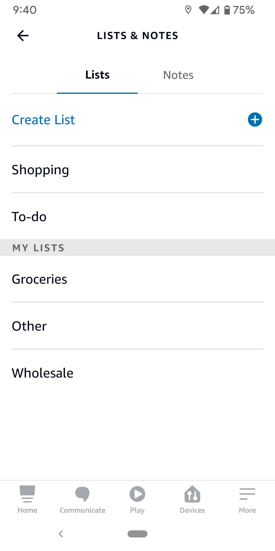 Alexa app Lists screen