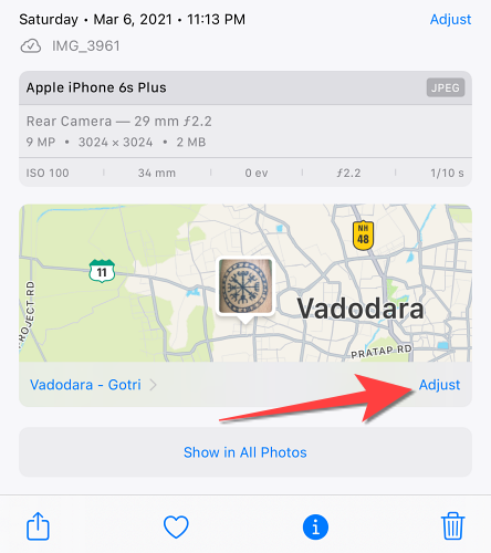 Нажмите «Изменить», чтобы изменить данные о местоположении фото