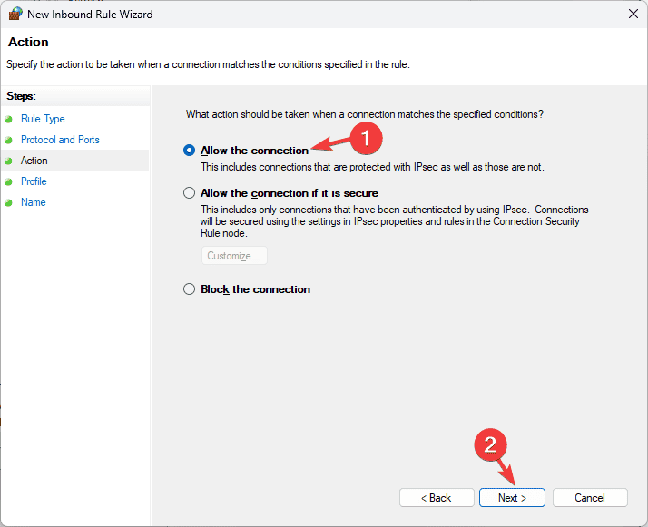 Разрешить подключение — опция правила
